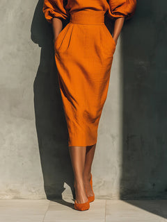 Delicate Round Neck Half-Sleeve Top And Pocketed Back Slit Midi Skirt Set