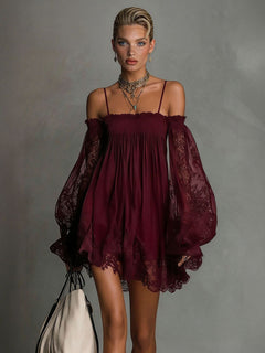 Exquisite Off-Shoulder Lace Trim Mini Dress