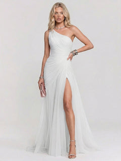Elegant One-Shoulder Ruched Tulle High Slit Maxi Dress