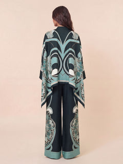 Elegant Abstract Print Satin Cape Sleeve Shirt