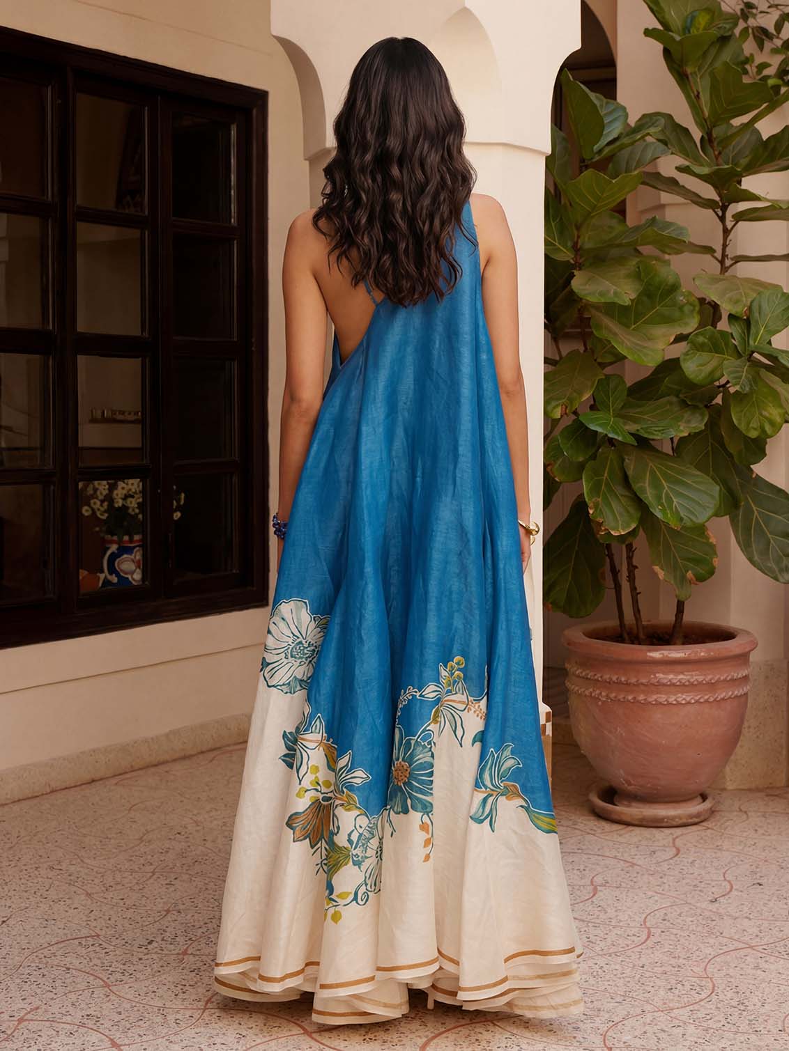 Elegant Tropical Print Asymmetrical Strappy Maxi Dress