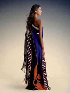 Elegant One-Shoulder Abstract Print Draped Maxi Dress