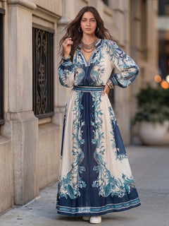 Elegant Retro Ethnic Print Two-Piece Dress