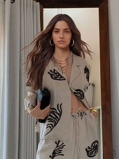 Exquisite Tropical Leaf Print Shirt & Pants Two-Piece Set