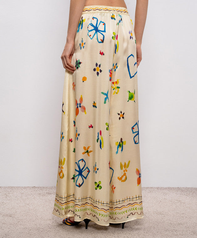 Unique Satin Hand-Painted Watercolor Print Wide-Leg Pants