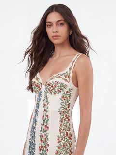 Elegant Floral-Print Lace Detail Sleeveless Dress