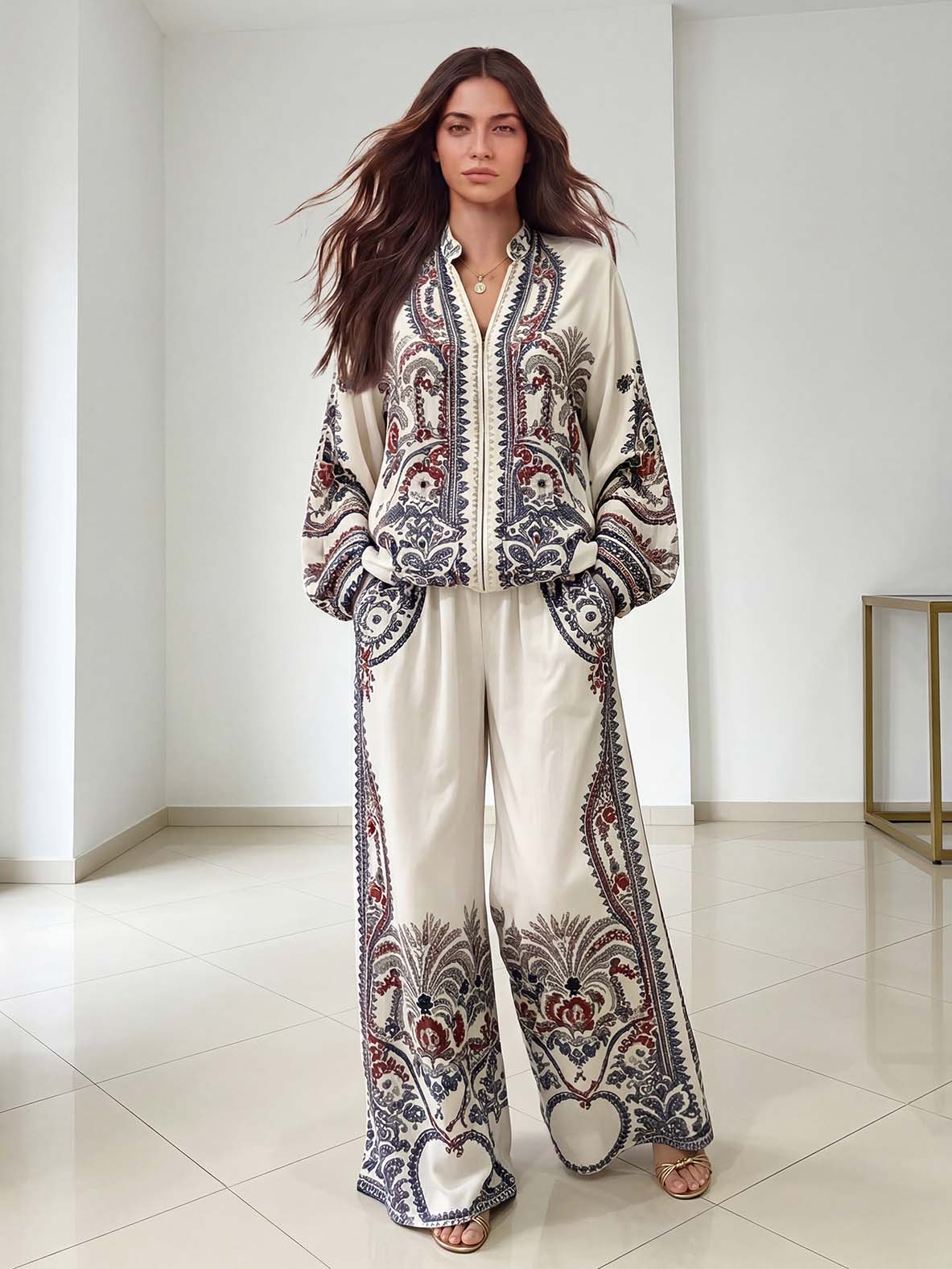 Elegant Paisley Print Zip-Up Long Sleeve Shirt