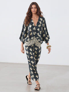 Casual Abstract Plaid Print Kimono Sleeve Maxi Dress