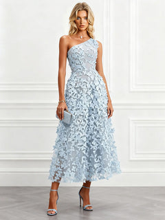 Elegant One Shoulder 3D Butterfly Veil Midi Dress