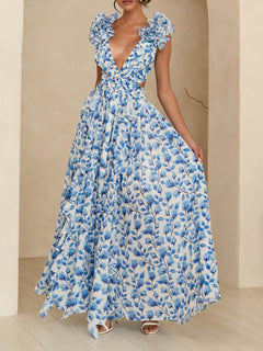 Elegant Floral Print Cut-Out Maxi Dress