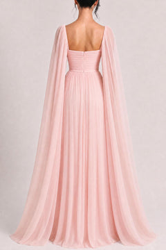 Elegant Cape Sleeve Pleated Chiffon Maxi Dress