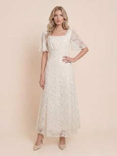Elegant Square Neck Sheer Tulle Floral Embroidered Maxi Dress