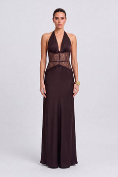 Lace Cut-Out Backless Neck Satin Long Dress