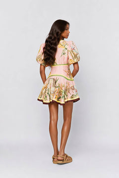 Tropical Floral Print Bubble Sleeve V-Neck Umbrella Skirt