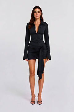 Elegant Drawstring Pleated Long-sleeve Mini Dress