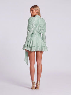 Draped High Neck Long Sleeve Ruffled Asymmetrical Strap Skirt