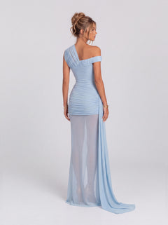 Draping Inclined Shoulder See-Through Gauze Long Dress