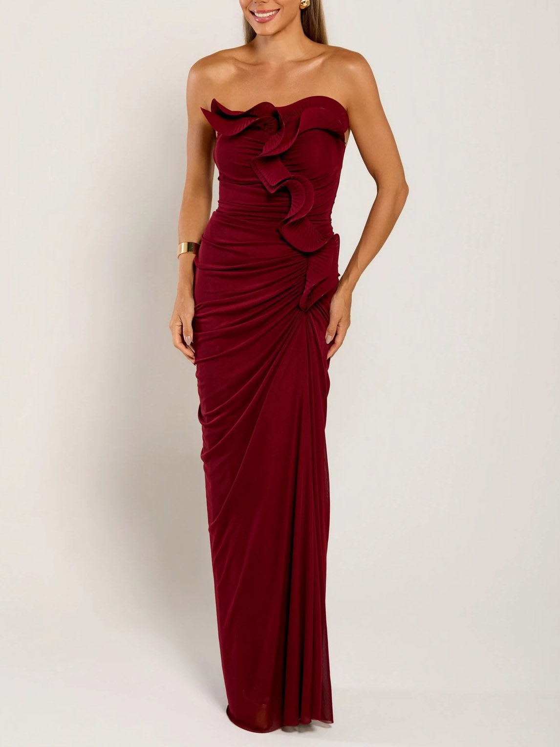 Elegant Strapless Ruched Floral Applique Maxi Dress