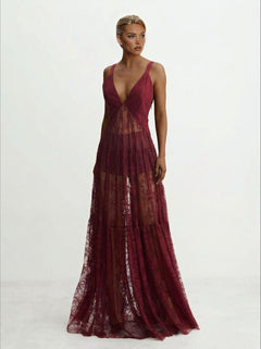 Elegant Lace Deep V-neck Tulle Maxi Dress