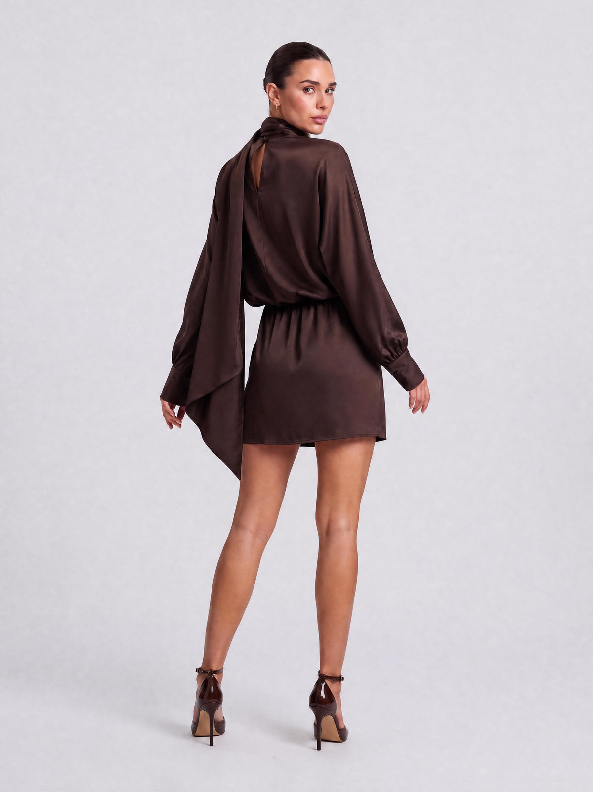 Vintage Brown Satin Turtleneck Long Sleeve Slim Fit Short Hip Dress