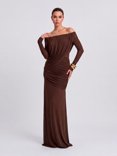 Off-shoulder Long-sleeve Draped Fishtail Long Dress