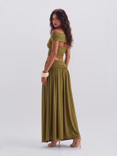 Olive Green Two-Piece Open-Shoulder Top With Metal Buckle