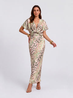 Vintage Simi-Dye Printed Satin Kink Deep V Short-Sleeved Hip Midi Dress