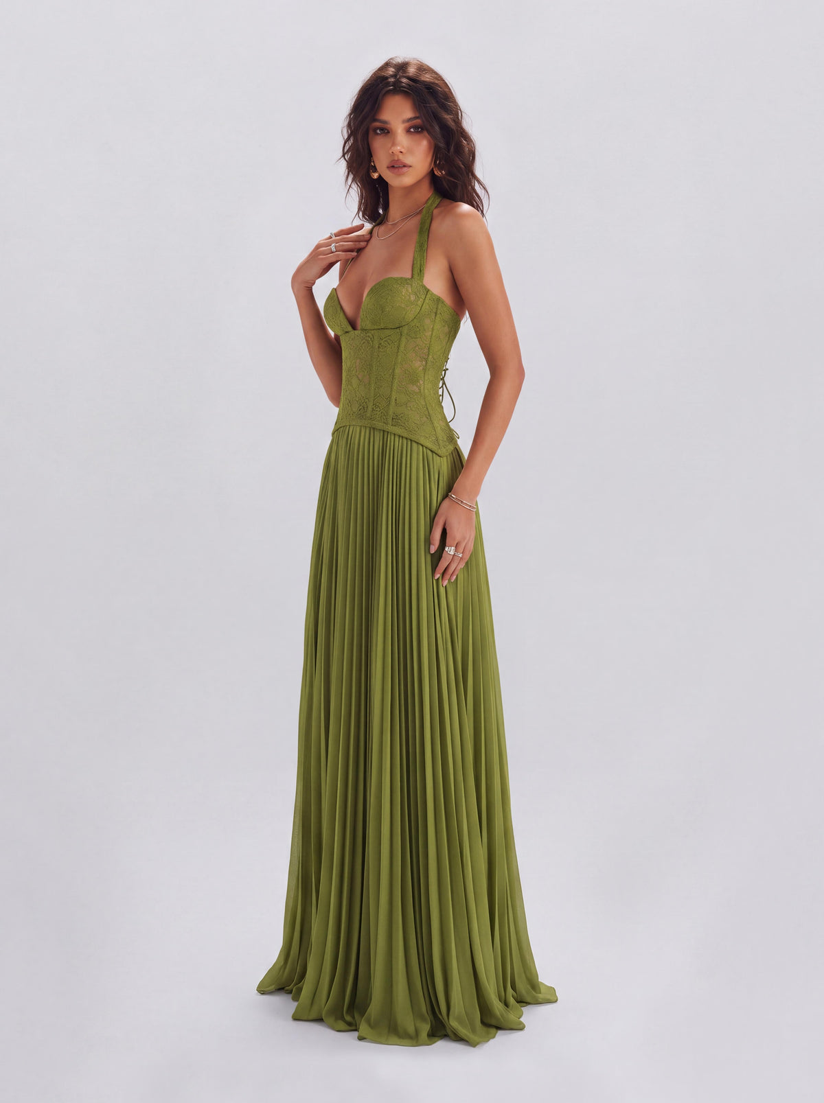 Lace Boom Neck Pleated Long Banquet Dress