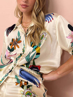 Modern Sophisticated Feel Satin Unique Print Oversized Blouse Elastic Waist Pocketed Wide Leg Pants Set-Likemychoice