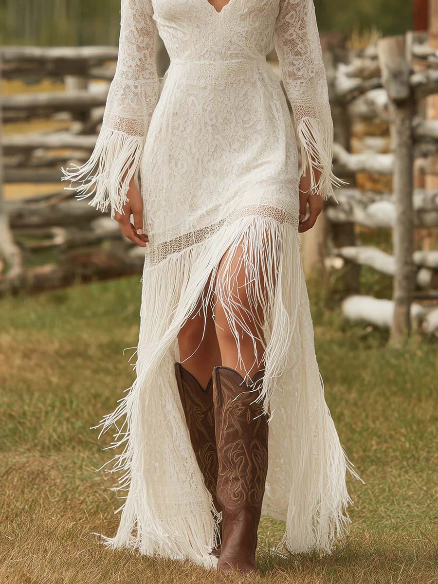 Retro Lace Irregular Tassel Maxi Dress