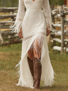 Retro Lace Irregular Tassel Maxi Dress