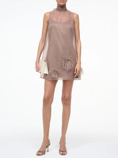 Elegant Sheer Feather-Embellished Mini Dress