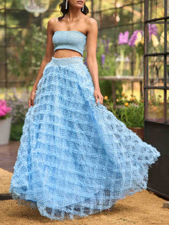 Elegant Polka Dot Sheer Tulle Off-Shoulder Bandeau Top & Puff Skirt Set