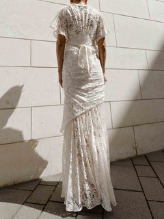 Elegant Lace Ruched Ruffle Party Maxi Dress