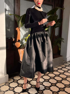 Elegant High-neck Velvet Patchwork Midi Dress