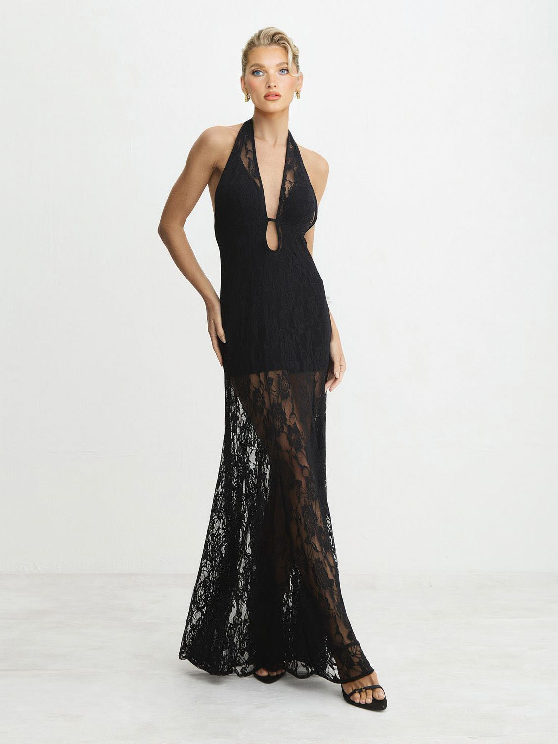 Sexy Plunge Halter Neck Black Lace See-Through Maxi Dress-Likemychoice