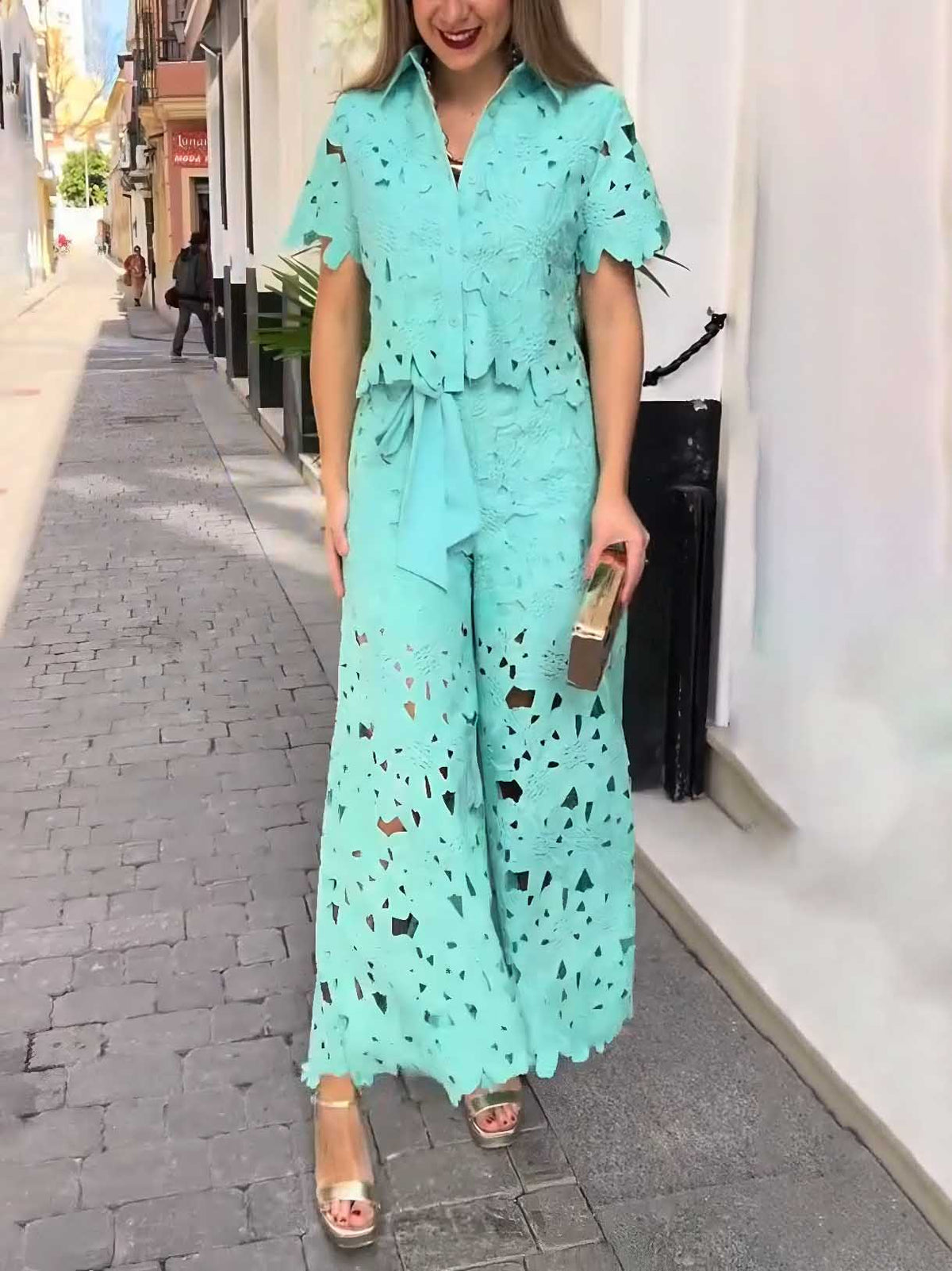 Casual Cutout Lace Shirt & Wide-Leg Pants Two-Piece Set
