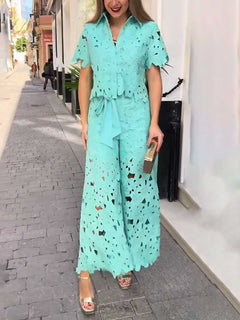 Casual Cutout Lace Shirt & Wide-Leg Pants Two-Piece Set