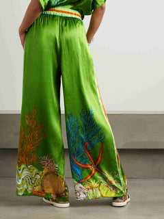 Ocean Print Satin Shirt & Palazzo Pants Two-Piece Set