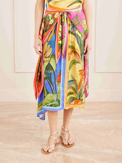 Tropical Print Halter Top & Draped Midi Skirt Two-Piece Set