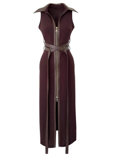 Retro Fashion Brown Lace-Up Zipper Maxi Dress