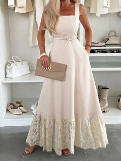 Elegant Square Neck Tie-Up Lace Maxi Dress