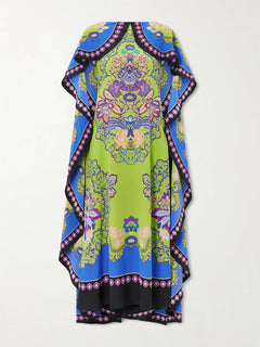 Unique Shawl-Style Floral Print Satin Maxi Dress