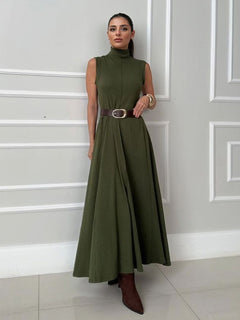 Elegant Sleeveless High-Neck Belted Maxi Dress