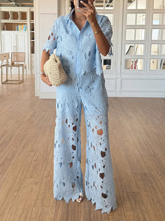 Casual Cutout Lace Short Sleeve Shirt