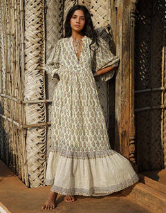 Retro Casual Print V-Neck Tiered Flowing Beach Maxi Dress