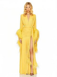 Elegant V-Neck Feather Cuff Flowing Chiffon Maxi Dress