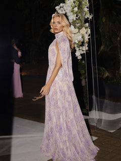 Elegant High Neck Cape Sleeve Ruched Maxi Dress
