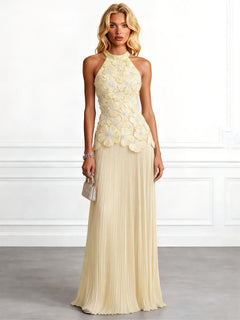 Elegant Halter Neck 3D Floral Appliqué Ruched Maxi Dress