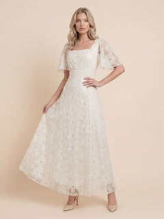 Elegant Square Neck Sheer Tulle Floral Embroidered Maxi Dress